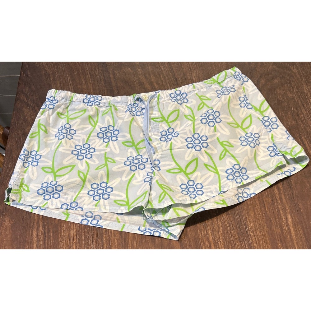 Lilly Pulitzer Sleep Shorts Womens L Blue/White/Green Floral 100% Cotton